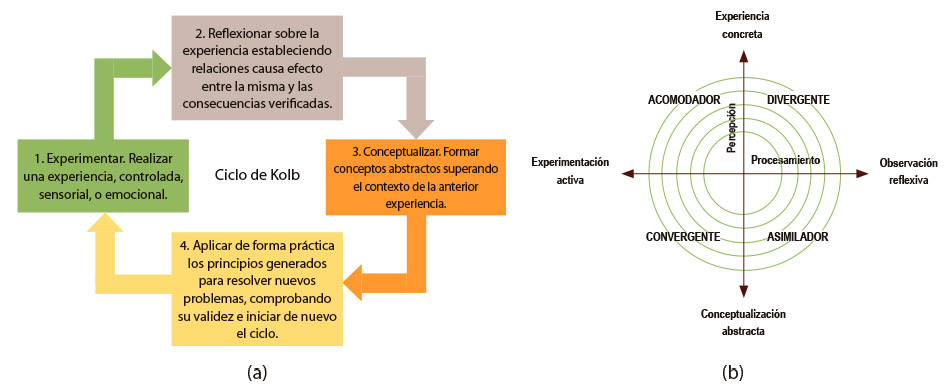 Figura 1: Modelo de aprendizaje de Kolb, adaptado de Pinto, et al. (2016). (a) Esquema del ciclo de aprendizaje, (b) estilos de aprendizaje